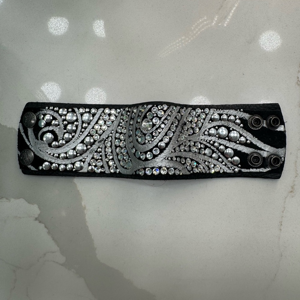 Caroline Rocha Leather Cuff Bracelet with Silver Crystal Swirl Accents